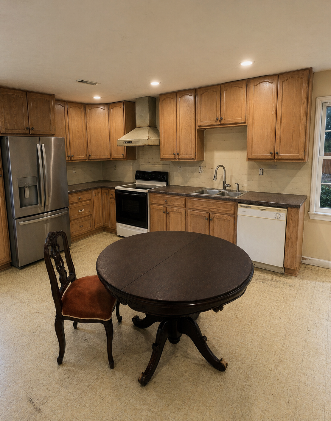 Kitchen before remodeling with older cabinets and vent